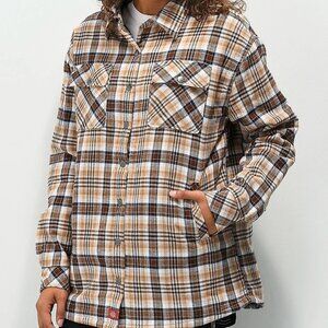 Dickies Oversized Tan Plaid Flannel Lined Button Down Jacket  - Size Med